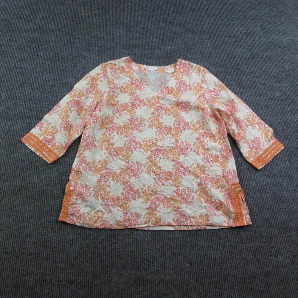 J. Jill Tunic Blouse Womens XL Coral Orange Floral Crochet Trim Linen Breathable
